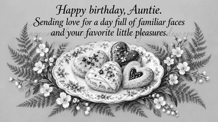 Monochrome birthday greeting artwork for an aunt, with a loving message above four decorated heart-shaped pastries on an ornate plate framed by flowering branch
