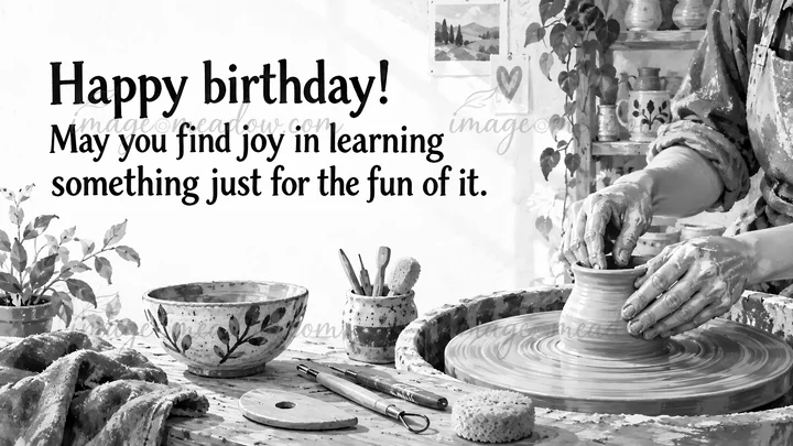 A black-and-white birthday greeting reads, “Happy birthday! May you find joy in learning something just for the fun of it.” Hands shape a vessel on a pottery wh