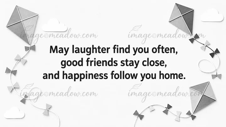 Monochrome birthday greeting with bold centered lettering: “May laughter find you often, good friends stay close, and happiness follow you home.” Paper kites wi