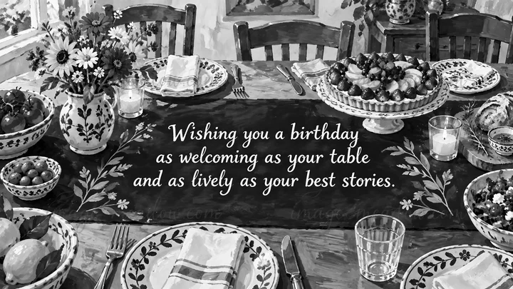 A monochrome illustrated birthday greeting set over a welcoming dining table with a berry tart, fruit, flowers, candles and patterned tableware. Script letterin