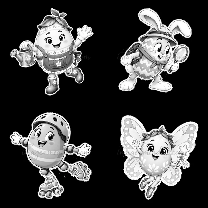 Four Easter egg characters are participating in various activities. One is watering plants, another is exploring with a magnifying glass, one is roller skating, and the last is dressed like a butterfly.