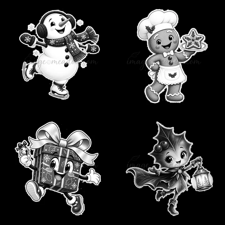 A snowman skates happily, a gingerbread person holds a cookie, a gift box carries a lantern, and a holly character dances. The scene captures a festive atmosphere during the Christmas season.