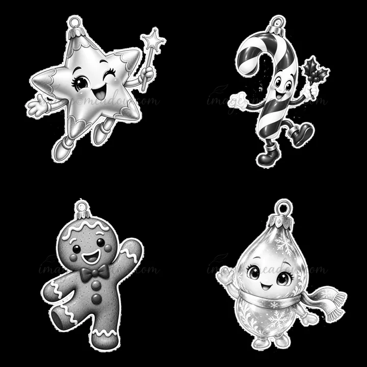 This cartoon illustration features four distinct Christmas ornaments. Each ornament displays a unique character: a star, candy cane, gingerbread man, and a decorative drop. The scene is colorful and whimsical.