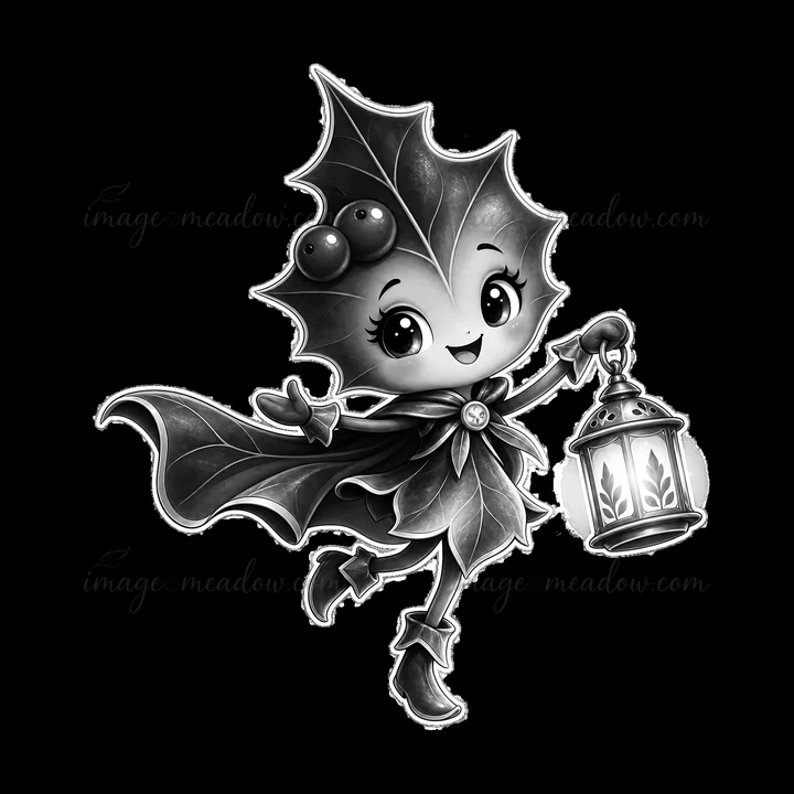 A cartoon character with holly leaves for hair smiles while holding a lantern. This festive design is perfect for Christmas themes and decorations, capturing the spirit of the holiday season.