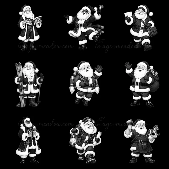 Nine unique Santa Claus illustrations show him in various actions. The scenes include him skiing, dancing, holding a bell, managing gifts, and more, all designed in monochrome style.