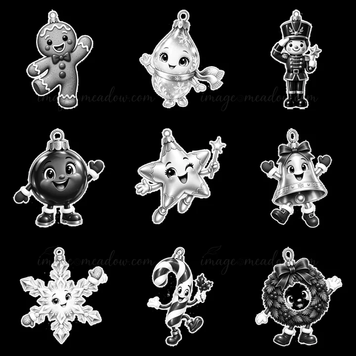 Nine cartoon ornaments are arranged in a 3x3 grid. Each character includes a gingerbread figure, a toy soldier, a star, and a candy cane. The overall design is monochrome with playful, festive details.