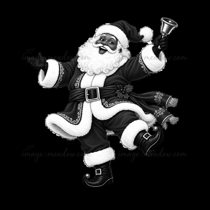 Santa Claus dances with a joyful expression, holding a bell in one hand. He wears a classic outfit with a wide belt and ornate trim, embodying the festive spirit.