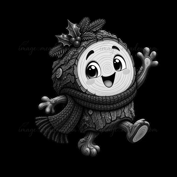 A cartoon log character smiles and dances in front of a fireplace. It wears a scarf and has holly leaves on top. The scene is festive and captures the spirit of Christmas celebrations during winter.