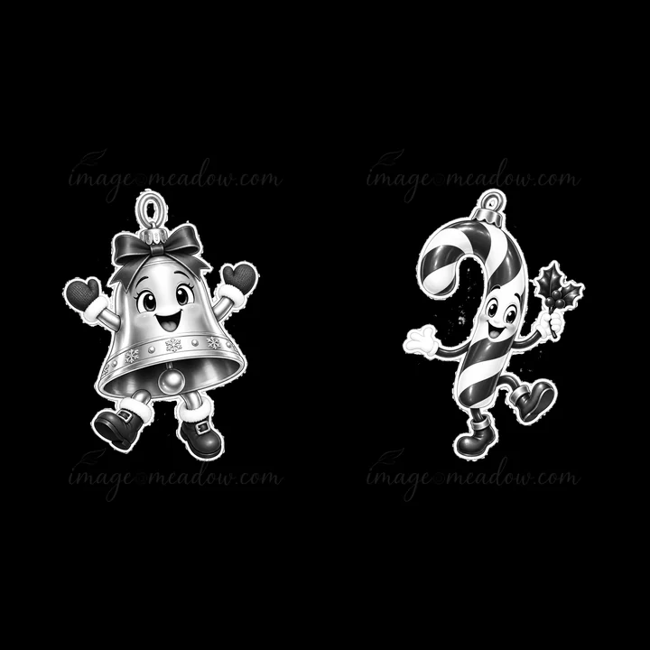 Two cartoon-style ornaments depict a smiling bell with a bow and a joyful candy cane holding holly. Both are ready for Christmas celebrations and add a fun touch to decorations.