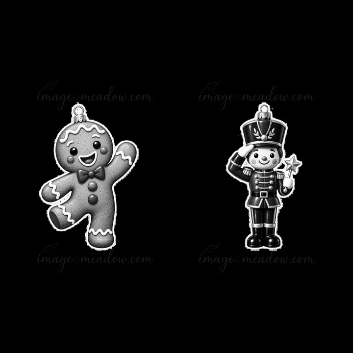Two cartoon-style Christmas ornaments shown together. A gingerbread man with a big smile and a nutcracker soldier holding a star salute. Perfect for holiday decoration.