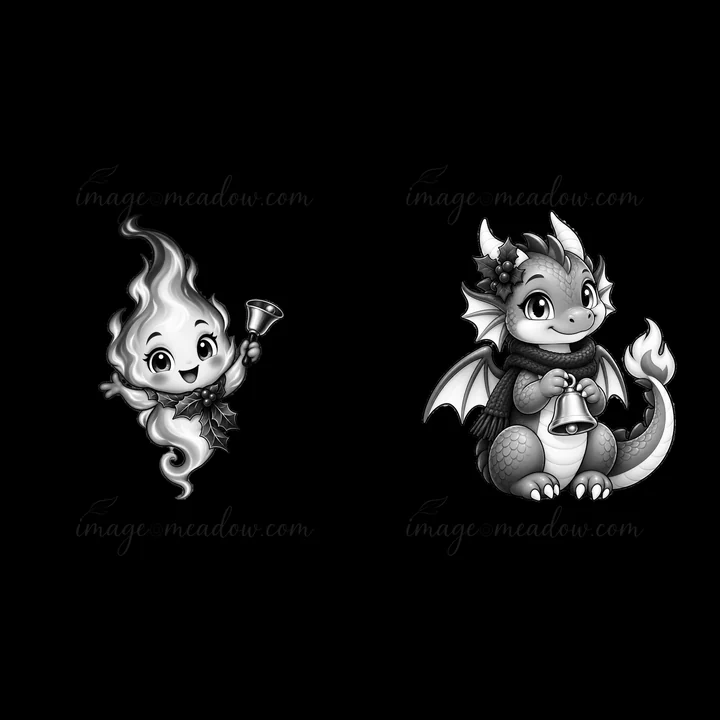 Two cartoon characters stand near a fireplace, one is a cheerful flame holding a bell, and the other is a cute dragon with a bell. They are decorated with Christmas accessories.