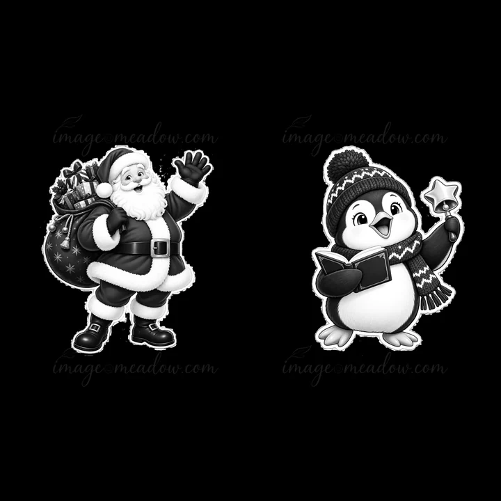 Santa waves while carrying a bag full of gifts. Next to him, a penguin sings holding a book and bell. The scene captures a festive moment during the Christmas holiday.
