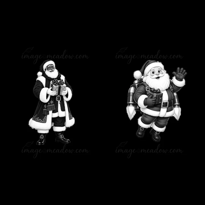 Santa Claus stands holding a present while another Santa flies with a rocket pack. The scene captures festive excitement and holiday spirit in black-and-white.