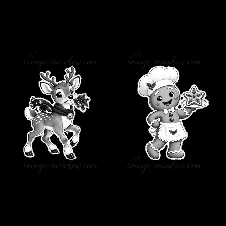 A reindeer in a scarf carries a small pine branch, while a gingerbread man in a chef's hat holds a star-shaped cookie. This scene captures the festive spirit of Christmas.