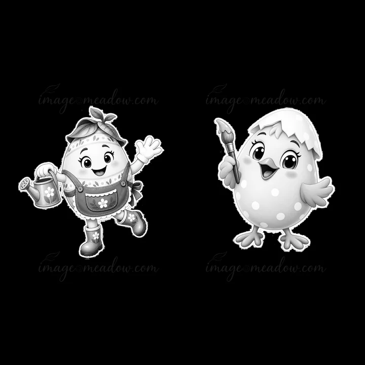 Two cartoon Easter egg characters are happily engaged in activities. One egg holds a watering can while the other egg holds a paintbrush. They appear ready to celebrate the Easter holiday.