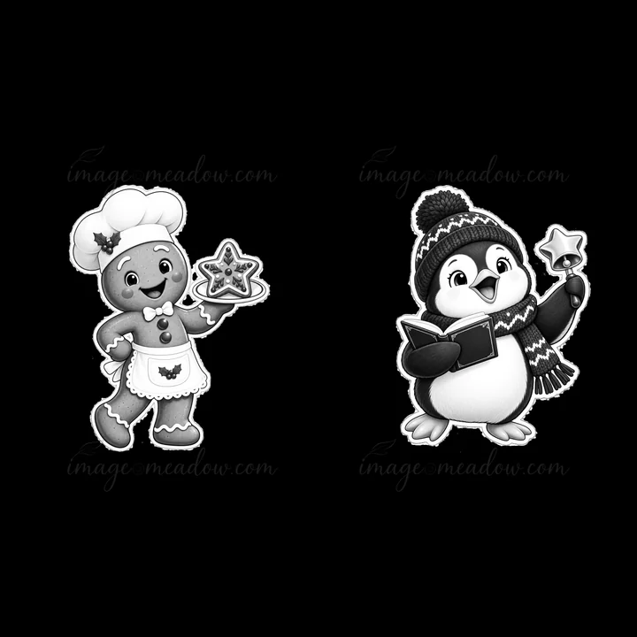 A gingerbread man in a chef's outfit holds a star-shaped cookie, while a penguin in a winter hat and scarf holds a bell and a book. Both characters are in a festive setting, capturing the joy of Christmas.
