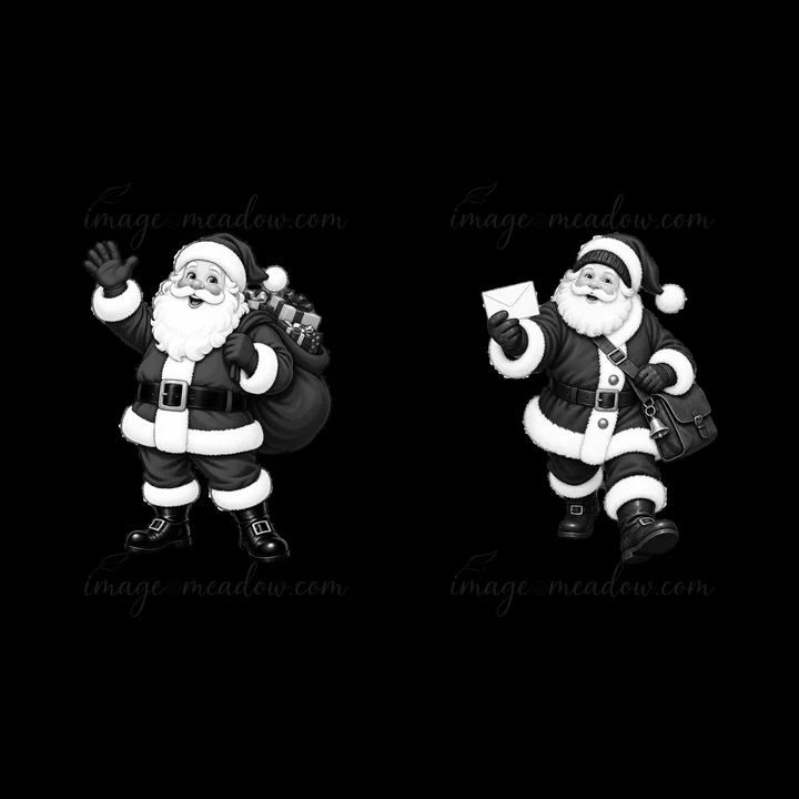 Santa Claus waves with a bag of gifts on one side and walks with an envelope on the other side. This cartoon sticker set captures the joyful spirit of Santa's holiday preparations.
