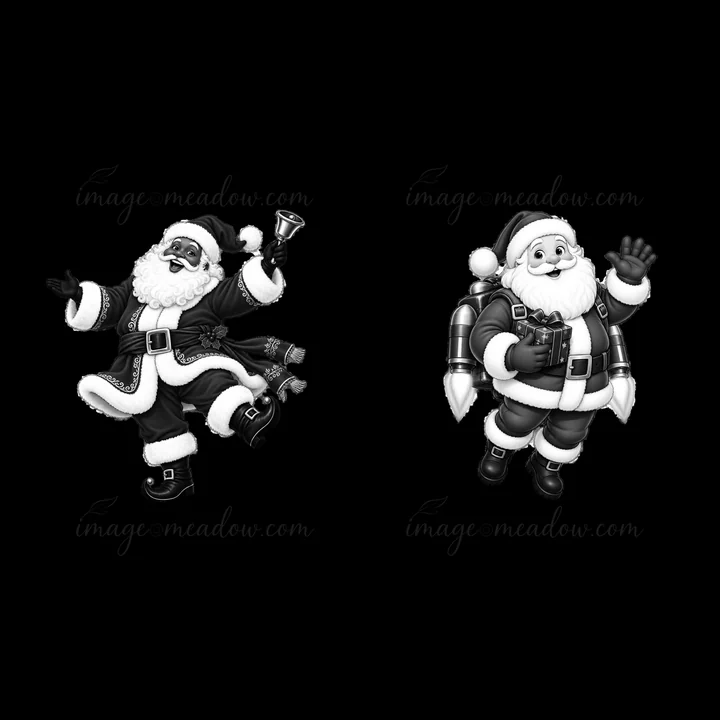 Two Santa Claus figures appear in a cartoon style. One Santa holds a bell with a joyful expression, while the other waves and carries a jetpack with a present. Both display holiday spirit in a festive design.