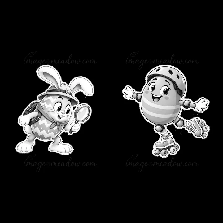 A bunny character holds a magnifying glass while wearing a backpack. Next to it, an egg character skates on roller skates with a helmet. Both characters display playful expressions and have Easter-themed designs.
