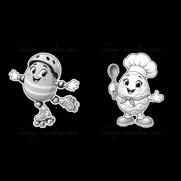 Two Easter egg characters side by side. One egg wears roller skates and a helmet while skating. The other egg, dressed as a chef, holds a spoon and has a cheerful expression.