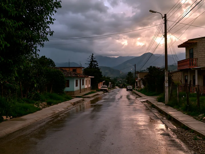 Moody clouds gather over a mountain range as rain falls, creating reflections on the wet street.