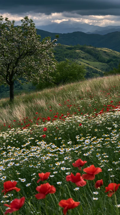A meadow in an orchard with red poppies and white daisies. A tree stands nearby, and rolling green hills are visible in the background under dark clouds. The se