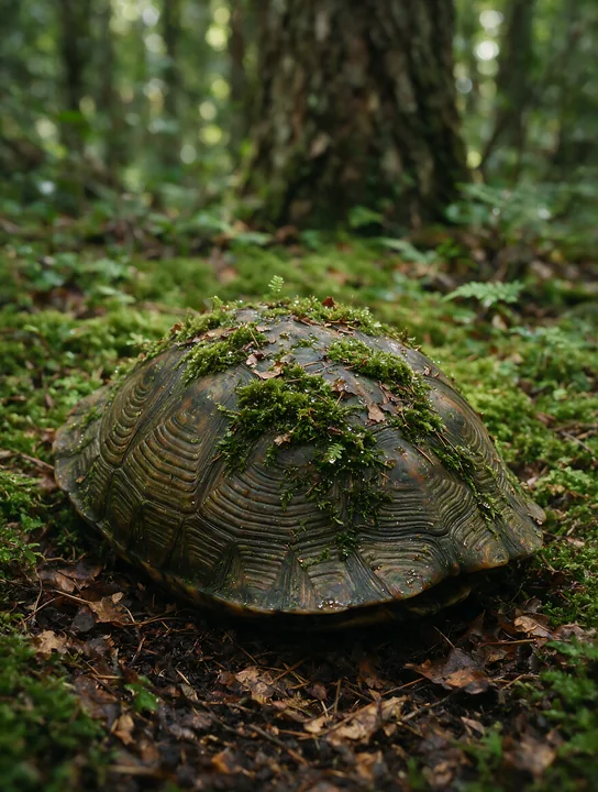 Moss-covered turtle shell with detailed patterns rests on the leafy forest floor.