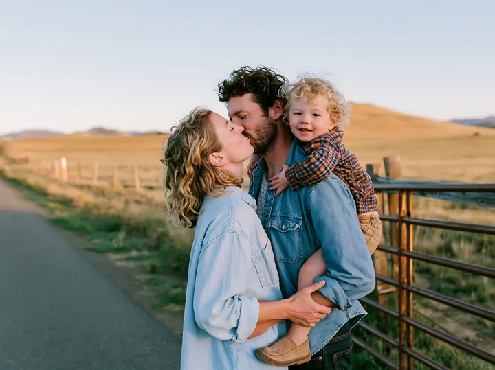 Mother kisses the father as he carries their young child beside a country road and open golden fields.