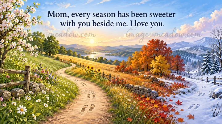 Illustrated Mother's Day greeting with a winding path through spring flowers, a summer meadow, autumn foliage and snowy winter scenery. The sky carries the mess