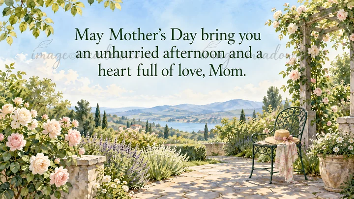 Mother's Day greeting with a heartfelt message above a flower-filled stone terrace, rose-covered pergola, garden chair, and distant lake and hills.