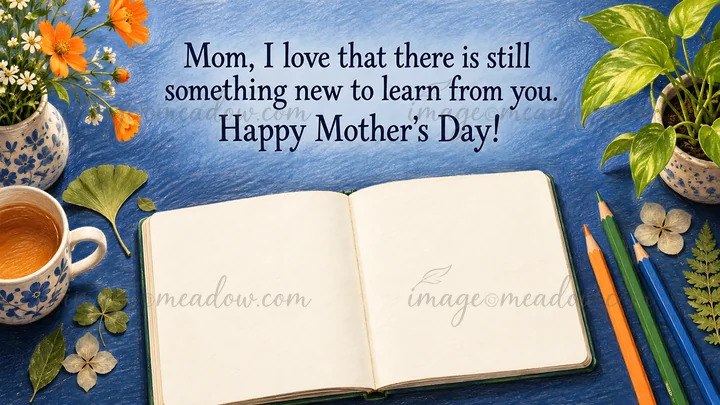 A Mother's Day greeting illustration with a message of love and learning above an open blank book, surrounded by orange flowers, leafy plants, pencils and a cup