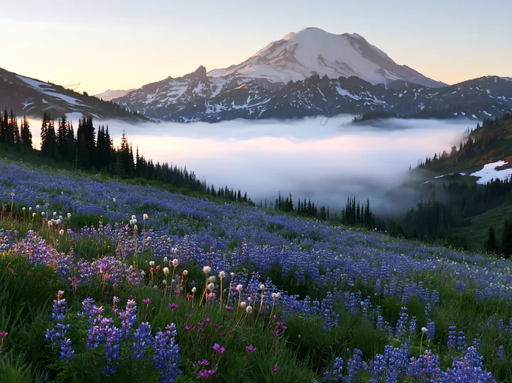Wildflowers bloom in a meadow with Mount Rainier in the background. The sun rises, casting light over the mountains and fog. This scene captures the beauty of n