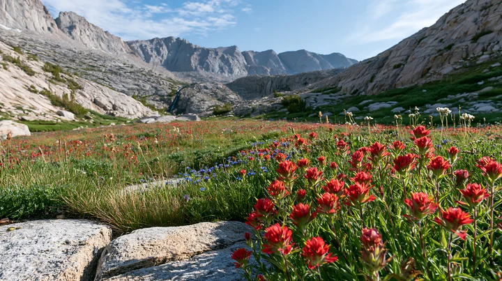 Colorful wildflowers bloom in a meadow surrounded by rocky mountains. Waterfalls cascade in the background under a clear sky. A peaceful scene of nature in the