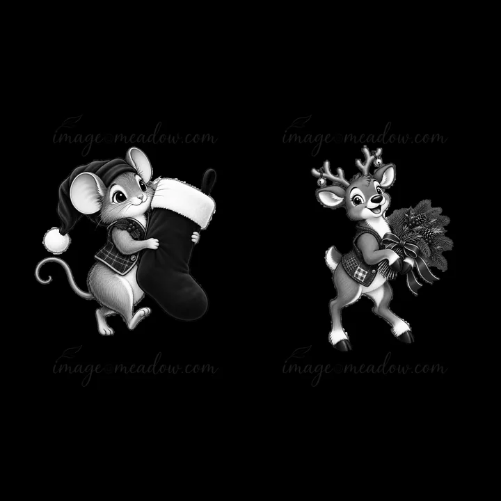 A mouse wearing a hat holds a Christmas stocking in one hand. A reindeer carries a wreath in its front legs. Both characters are set in a black-and-white style.