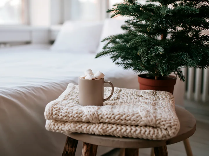 Mug of cocoa topped with marshmallows on a knitted blanket beside a potted evergreen tree.