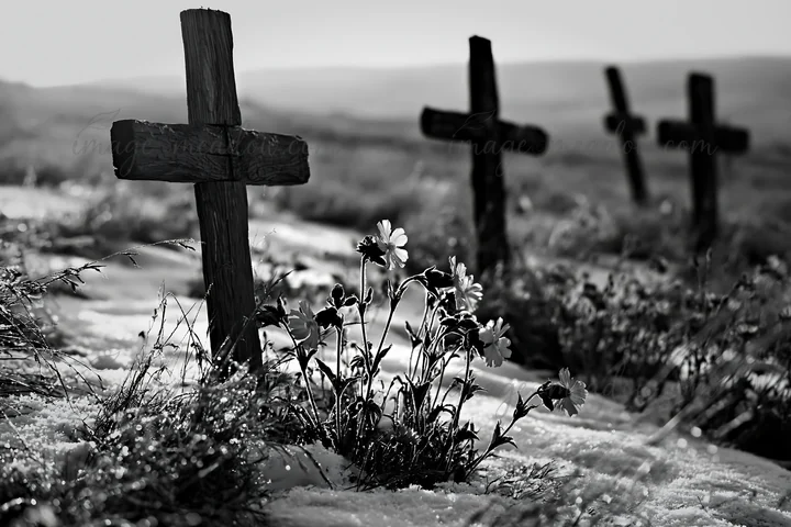 Several Christian crosses stand in a snowy meadow. Flowers grow near one of the crosses, contrasting with the white snow. The scene captures a quiet moment in n