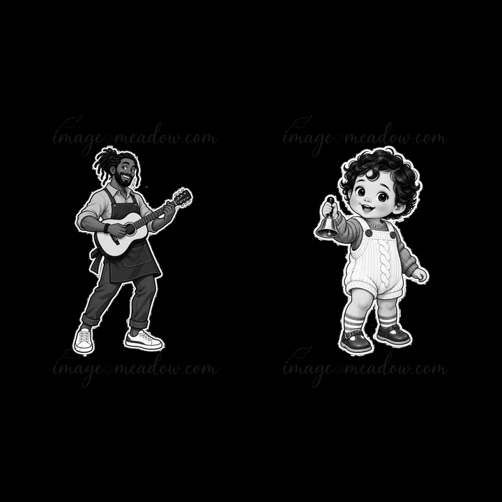 A musician stands playing guitar with a joyful expression. Next to him, a toddler raises a bell cheerfully. This scene captures a moment of family interaction,