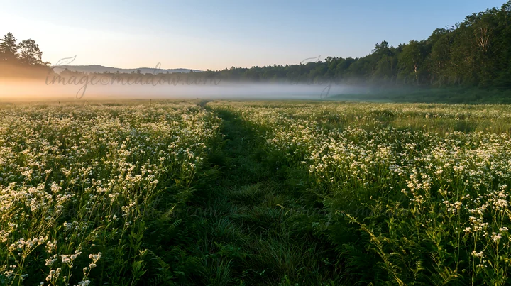 A meadow in Nara features a dense field of flowers with ferns in the foreground. Morning fog hangs over the landscape as the sun rises, creating a soft light.