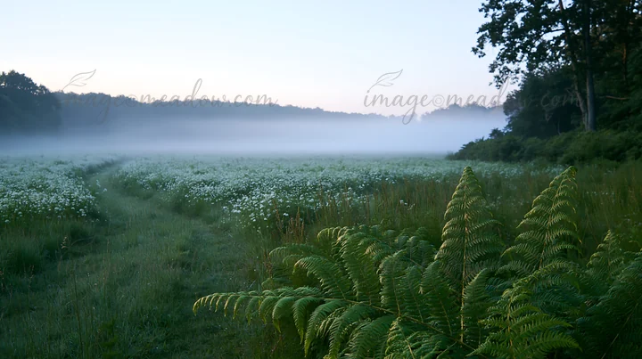 A view of a summer meadow in Nara shows a thick fern in the foreground with mist hanging over the field. The landscape features greenery and wildflowers in soft