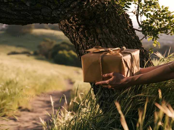 A hand holds a wrapped gift near a tree in a grassy area. The setting shows a path leading into the distance, suggesting a natural outdoor scene. The light crea