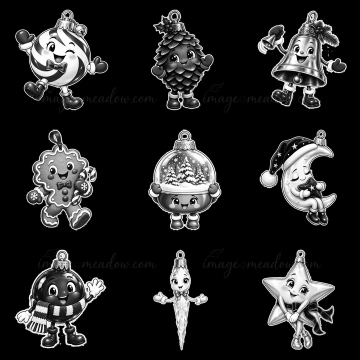 This illustration features nine cartoon Christmas ornaments arranged in a grid. Each ornament has a different playful design, including a candy, a pinecone, a b