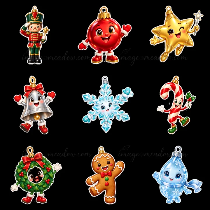 This collection features nine fun Christmas ornaments. Characters include a gingerbread man, a candy cane, a snowflake, and a red ornament.