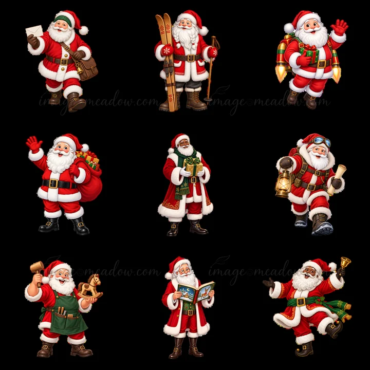 Nine unique Santa Claus figures are shown in different activities like skiing, carrying gifts, and holding lanterns. Each figure wears a red and white outfit, showcasing festive themes.