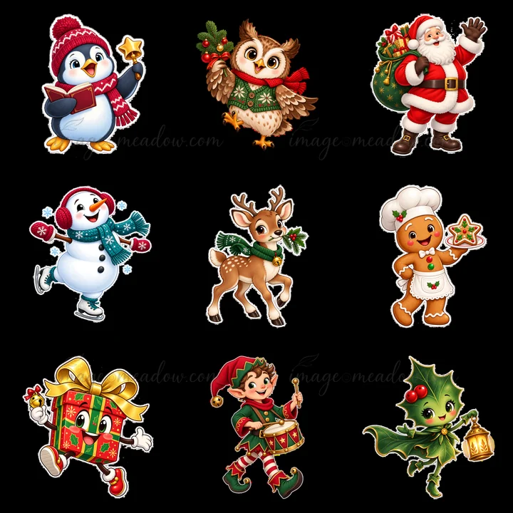 Various cartoon characters celebrate Christmas in a cheerful scene. A penguin reads, Santa carries gifts, a snowman walks, and an elf plays drums. All bring festive spirit and joy during the holiday season.