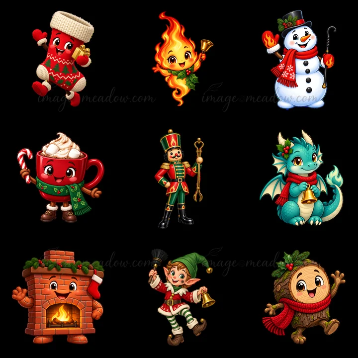 Nine cartoon characters celebrate Christmas near a fireplace. Characters include a snowman, a dragon, and an elf among others. The design features bright colors, Christmas accessories, and joyful expressions.