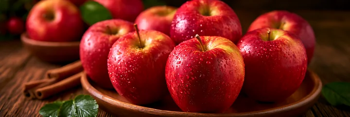 Nine fresh red apples with water droplets sit in a wooden bowl alongside cinnamon sticks and green leaves on a rustic wooden table, highlighting their vibrant c