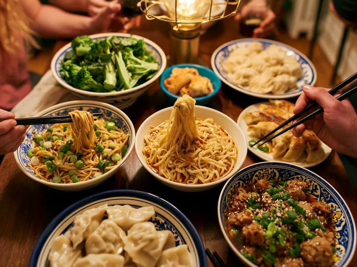 Noodles, dumplings, and vegetables are shared around a table at a gathering.