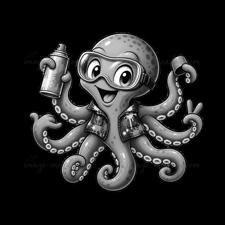 An octopus holds a spray can and poses with enthusiasm. It wears goggles and a vest while displaying a cheerful demeanor. This playful character captures the gr