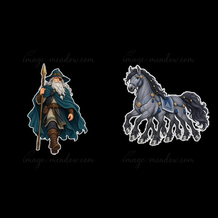 Odin, the Norse All-Father, walks with a staff, wearing a cloak and a hat. To his side, Sleipnir, the eight-legged horse, stands strong and proud. This scene hi