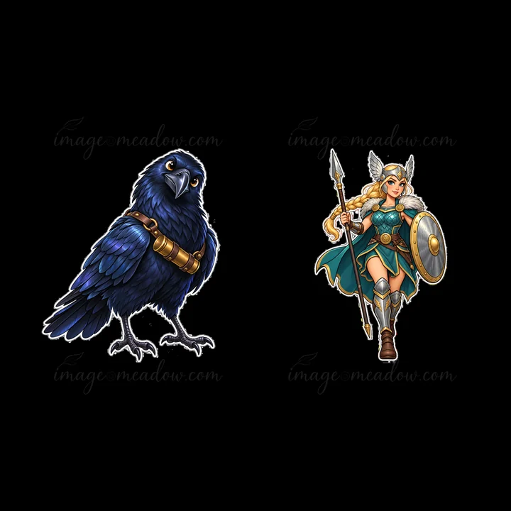 This illustration features a blue black raven with a necklace beside a warrior woman. She has a shield and spear, dressed in a green and silver outfit. Both cha